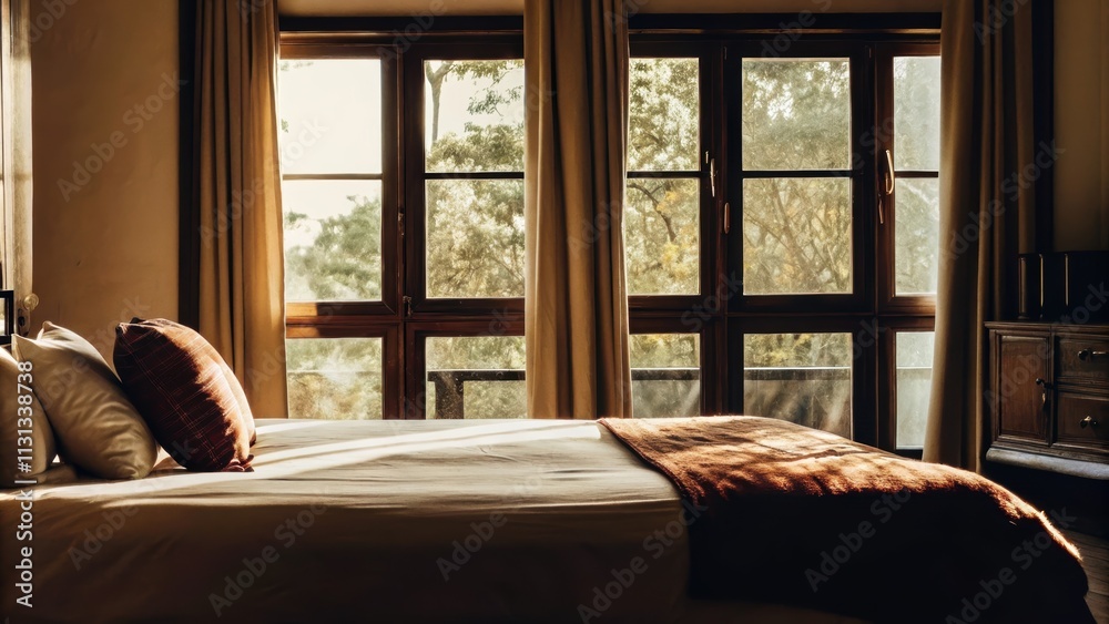 Aufkleber A serene bedroom featuring a soft creamcolored bedspread layered with rusttoned throws and pillows while large windows showcase golden sunlight filtering through curtains
