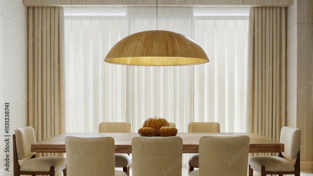Poster A spacious dining area with a minimalist wooden table surrounded by beige upholstered chairs complemented by a statement pendant light with a warm golden hue and a centerpiece of
