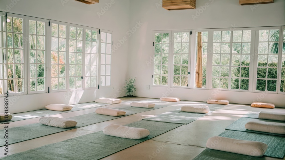 Poster A serene yoga studio painted in soft white lined with large windows overlooking a lush garden bamboo mats on the floor and tered cushions in pale pastel colors creating an inviting