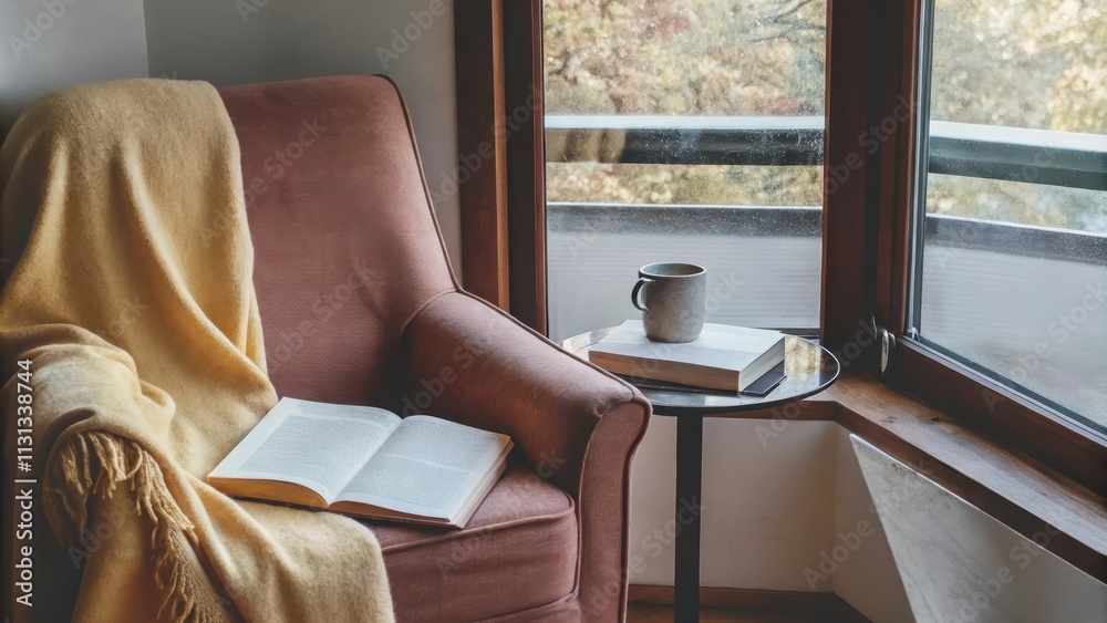 Poster A tranquil reading nook displaying a deep taupe armchair draped with a lightweight goldenhued blanket next to a simple side table holding a steaming mug and an open book positioned