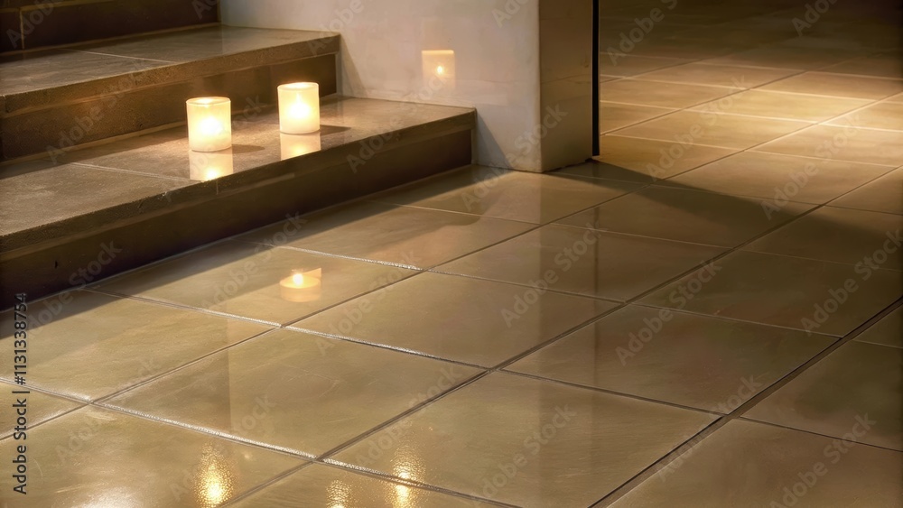 Poster  soft golden light reflects off polished tiles creating a tranquil ambiance enhanced by a few carefully p candles.
