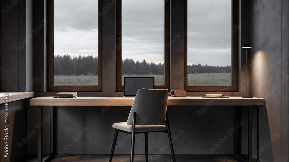 Poster a minimalist workspace featuring a simple wooden desk and ergonomic chair positioned next to large w