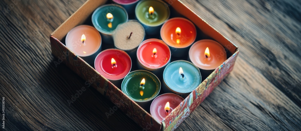 Poster Colorful lit candles arranged in an open gift box creating a festive ambiance on a rustic wooden table for celebration events