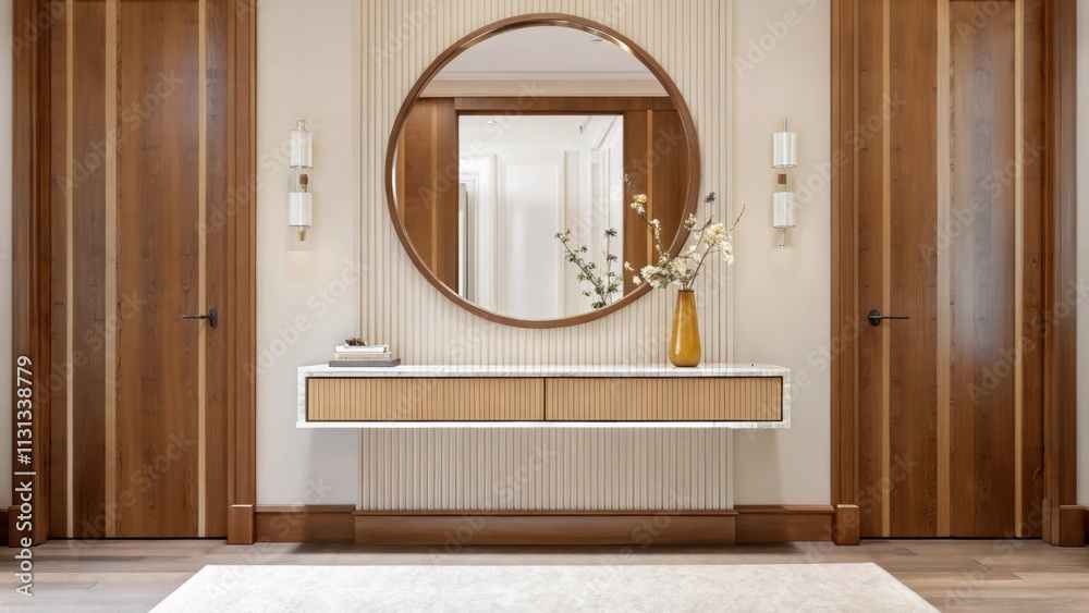 Aufkleber an elegant entryway featuring a large round mirror framed in warm wood a console table with a matte 