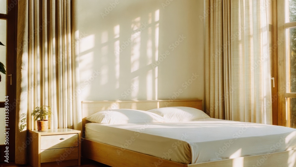 Aufkleber a serene bedroom with curtains filtering sunlight showcasing a light wood platform bed adorned with 
