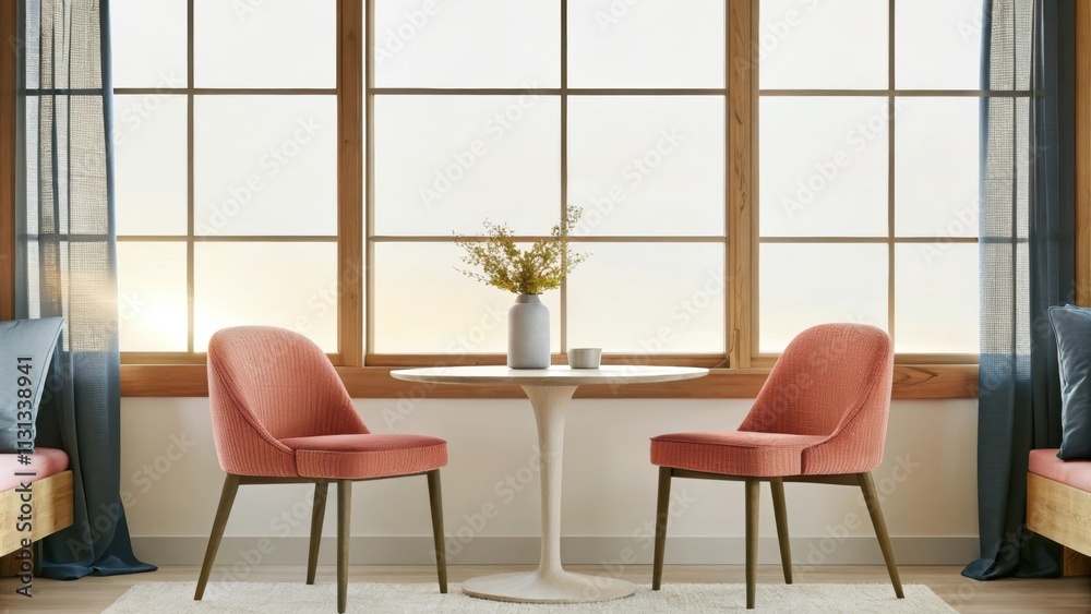 Aufkleber a cozy breakfast corner with a small round table and two minimalist chairs surrounded by large windo
