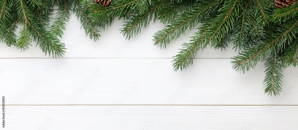 Poster christmas tree branches with pine cones on a white wooden background creating a festive and seasonal
