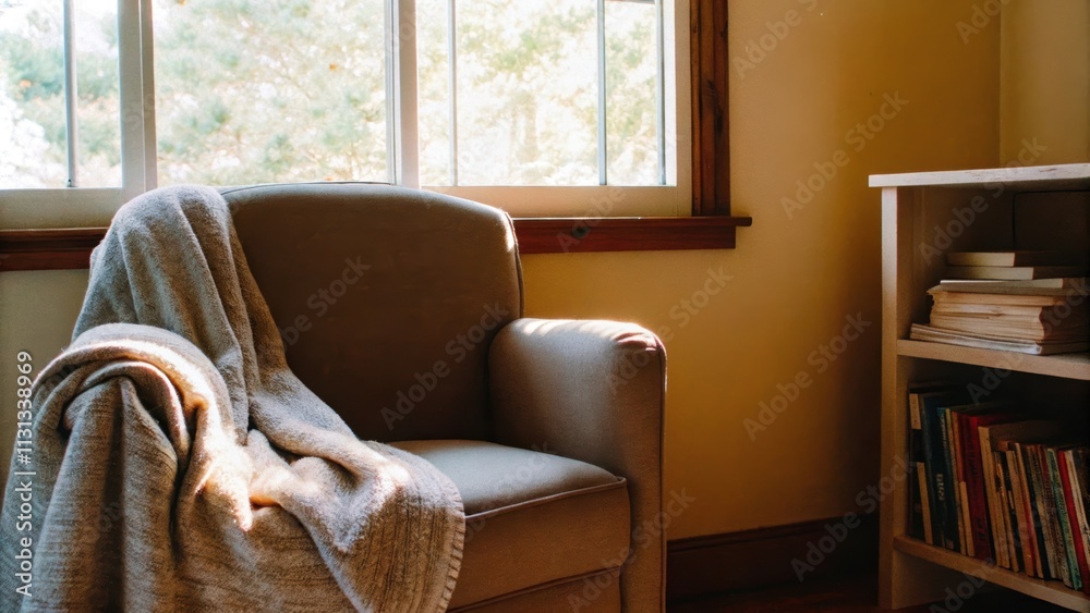 Poster A peaceful reading nook positioned by a window complete with a plush armchair a soft throw blanket and a small bookshelf filled with lightcolored books.