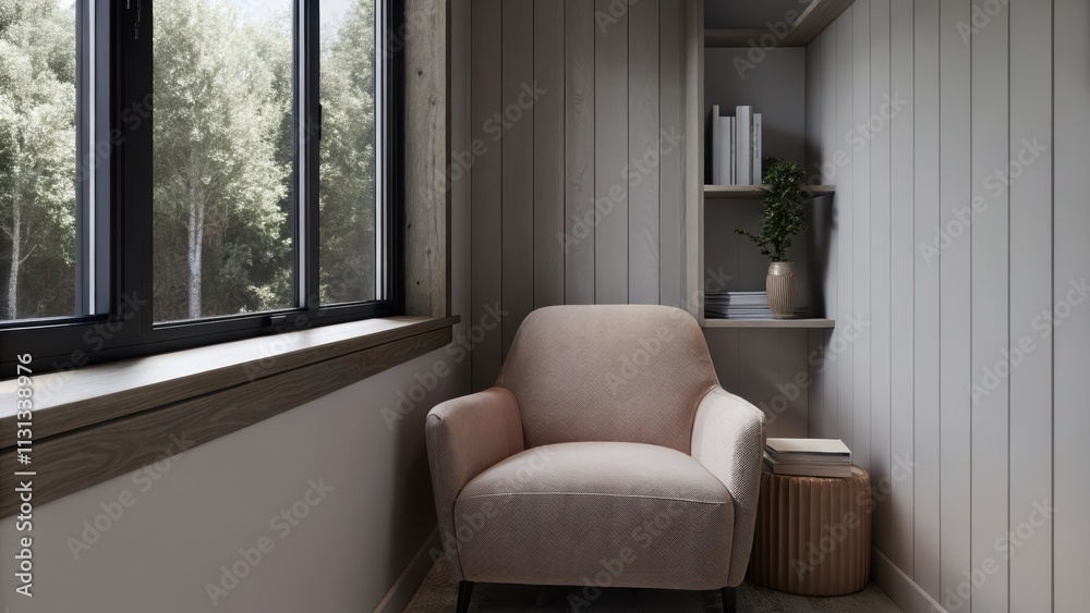 Poster a peaceful reading nook tucked into a corner centered around a plush armchair upholstered in soft ta