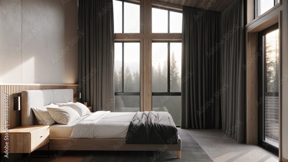 Poster a serene bedroom where light drapes in from tall windows highlighting a queensized bed with delicate