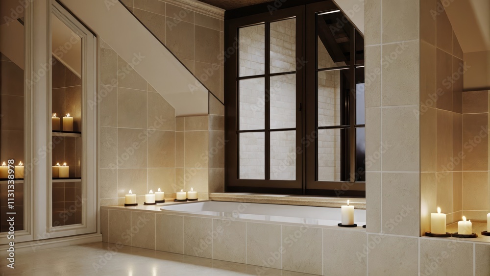 Poster An elegant bathroom with soft taupe tiles a deep soaking tub framed by candles and a large mirror reflecting the ambient light of a tranquil atmosphere.