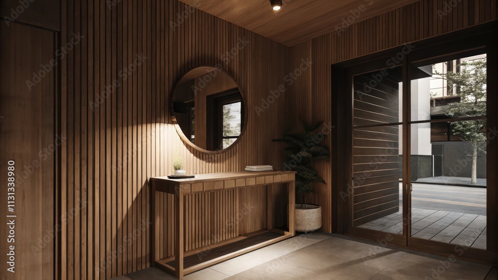 Poster A tranquil entryway equipped with a wooden console table a small potted plant and a round mirror that reflects the warm ambiance of the surrounding light wood elements and a view