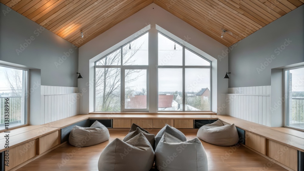 Aufkleber An open community room with large windows allowing natural light to flood in showcasing light gray walls a whitewashed wooden ceiling and a cozy reading nook filled with