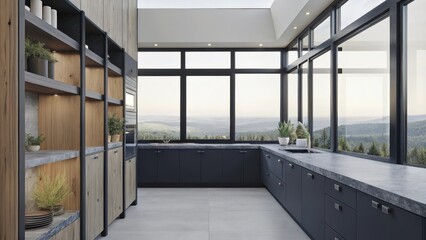Fototapeta premium A modern kitchen with sleek wooden cabinetry and stone countertops featuring open shelving displaying potted herbs and natural elements with large windows framing the scenic vista