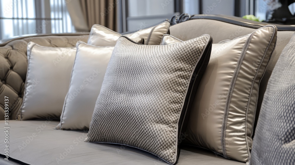 Aufkleber elegant grey toned pillows on a luxurious sofa showcasing classic design and texture in a sophistica