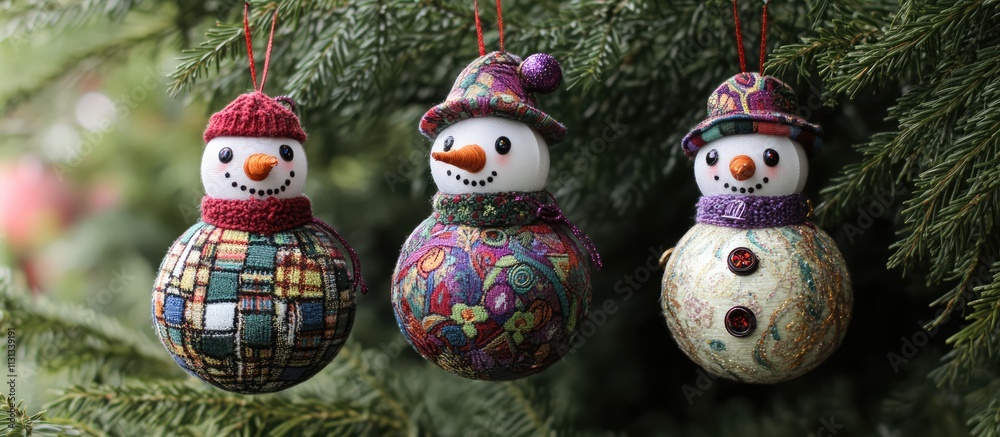 Aufkleber decorative snowman christmas ornaments hanging on a tree showcasing colorful patterns and festive ch