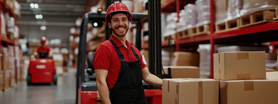 Happy caucasian warehouse worker with boxes. Logistics, storage concept. Suitable for Labor Day, career, business, industry, workplace safety promotions with copy space.