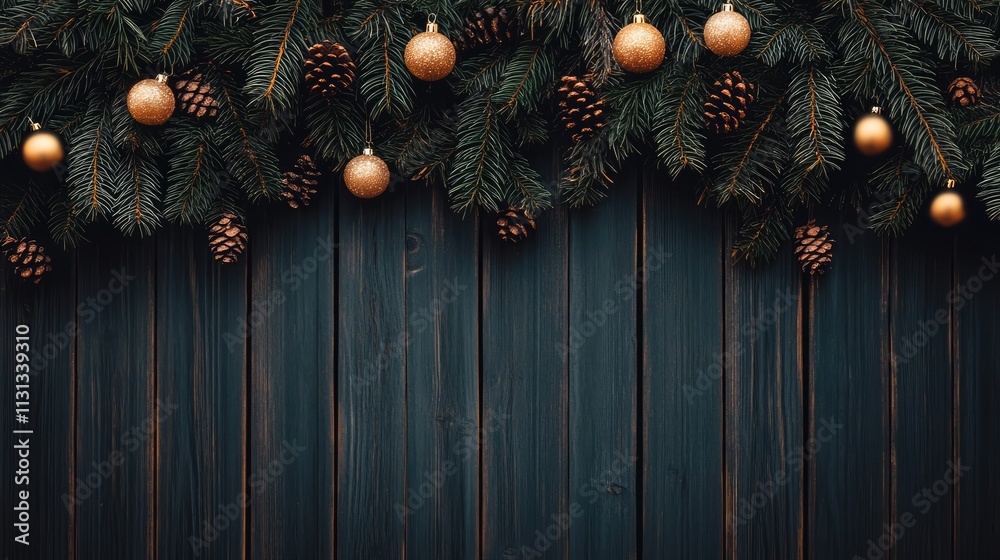 Poster christmas tree branches adorned with golden ornaments and pinecones on a rustic wooden backdrop for 