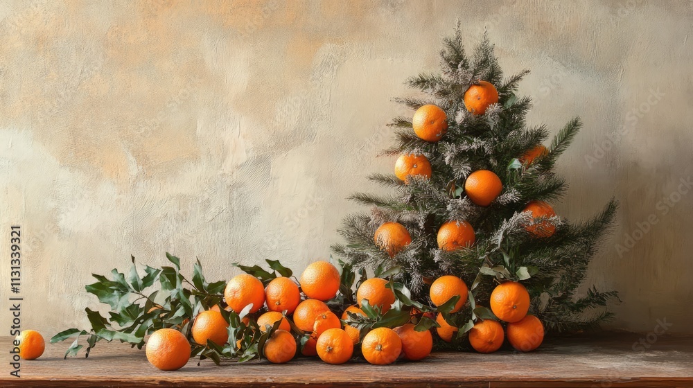 Poster festive arrangement of a christmas tree adorned with tangerines and greenery on a rustic wooden surf