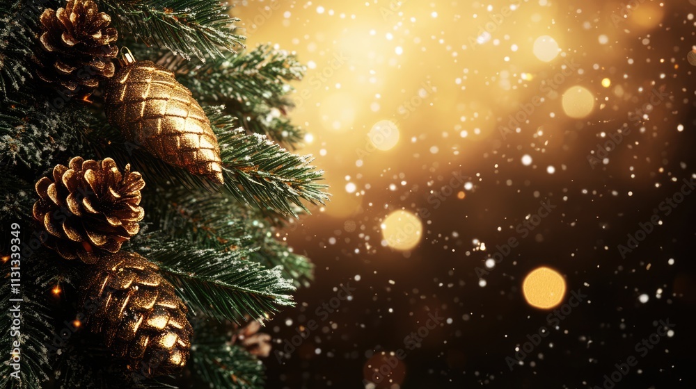 Poster Macro shot of Christmas tree branch with golden cones set against a shimmering background with soft bokeh and falling snowflakes