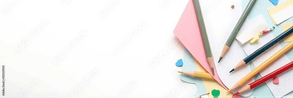 Aufkleber A group of colorful pencils and paper lie crumpled next to each other on a plain white copy space background._00004_