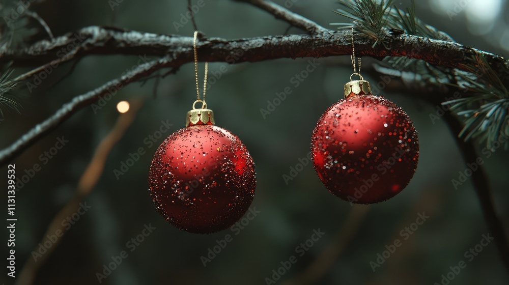 Poster decorative red christmas ornaments hanging from pine tree branch in winter setting