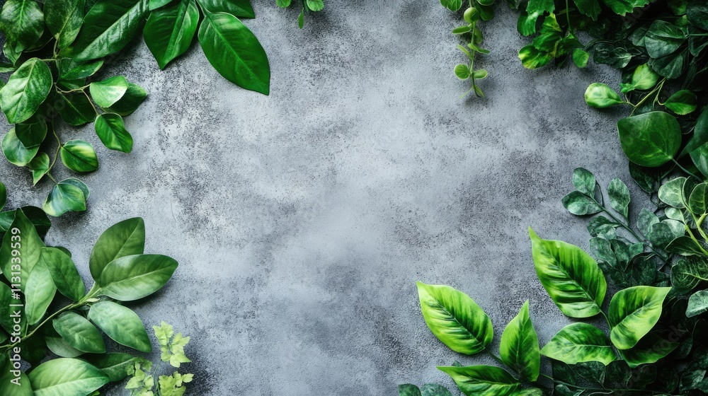 Poster concrete floor surrounded by lush green leaves creating a natural frame for a tranquil and fresh env