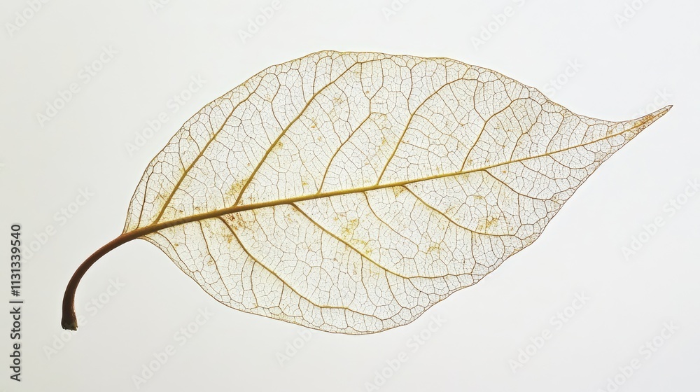 Poster Delicate closeup of a translucent leaf showcasing intricate vein patterns and textures against a soft white background.
