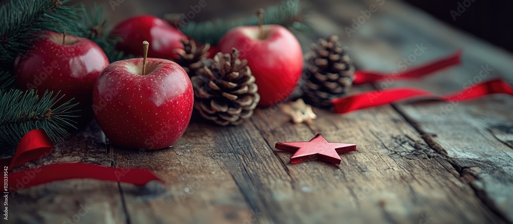 Poster festive christmas decorations with red apples pine cones and ribbons on rustic wooden table creating