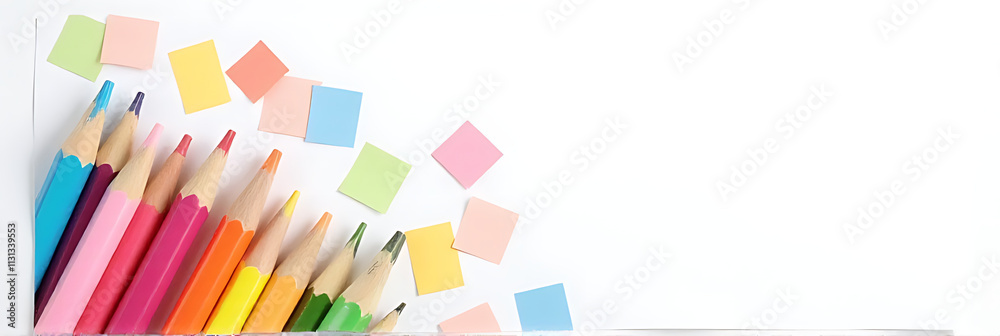 Poster A group of colorful pencils and paper lie crumpled next to each other on a plain white copy space background._00001_