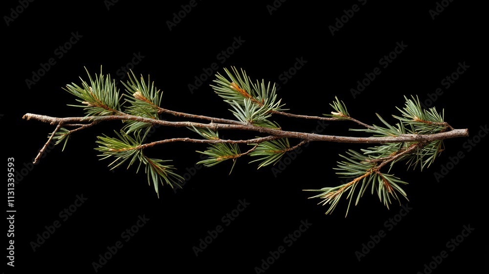 Poster christmas tree branch isolated on black background featuring green needles and natural textures perf