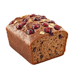 Wholemeal cranberry bread with oats freshly baked and presented on a plain transparent background, Wholemeal cranberry bread isolated