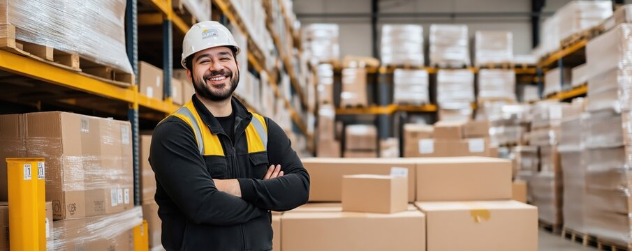 Happy caucasian warehouse worker with boxes. Logistics, storage concept. Suitable for Labor Day, career, business, industry, workplace safety promotions with copy space.