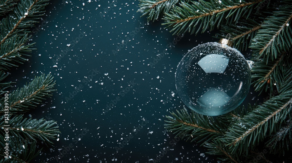 Poster christmas tree branches with a blank snowglobe surrounded by falling snowflakes on a dark background