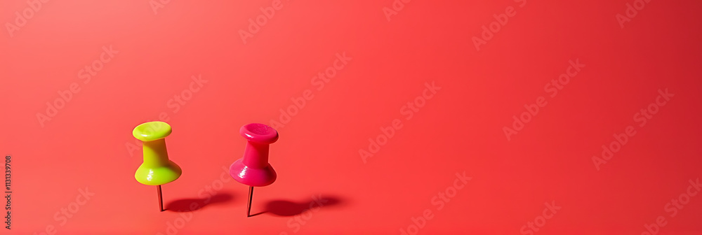 Poster A group of a pin and thumbtack sit on a red desk with a large empty space for copying over them._00003_