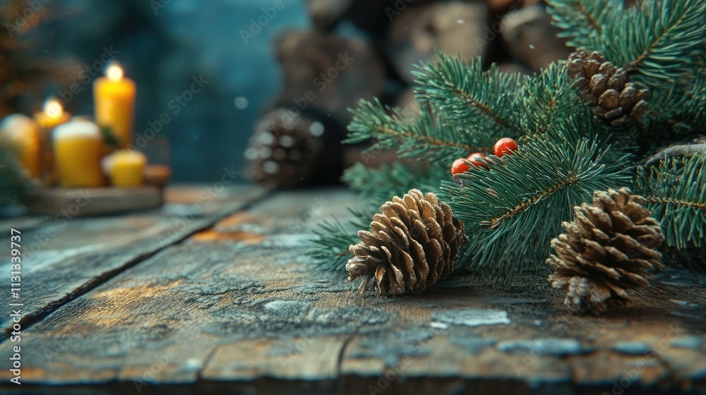Poster festive pine cones and coniferous branches on rustic wooden boards with warm candles creating a cozy