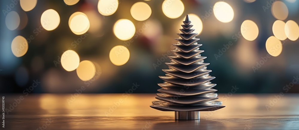 Poster modern metallic christmas tree centerpiece on wooden table with soft bokeh lights creating a festive