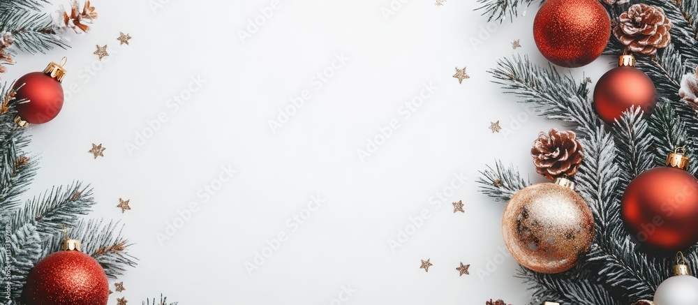 Poster christmas wreath decorated with ornaments and pine cones creating a festive winter frame on a clean 