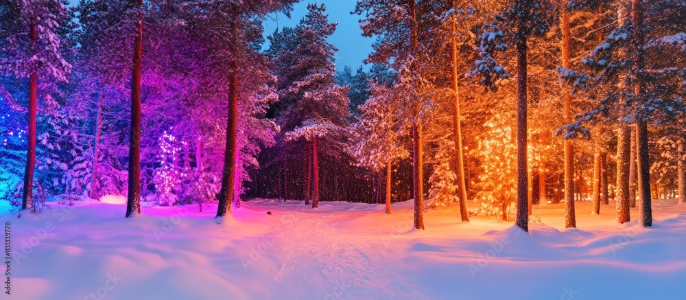 Poster enchanting winter forest illuminated by colorful lights creating a magical christmas atmosphere in a