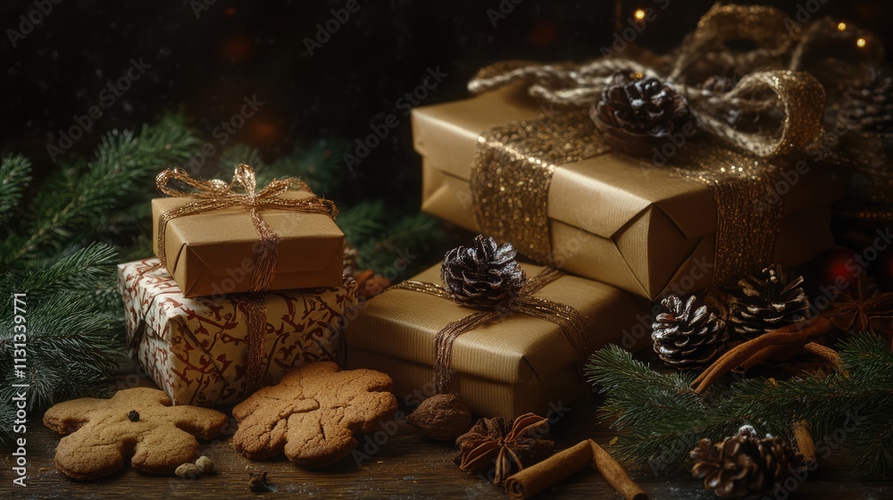 Poster christmas cookies and gift boxes with spices on rustic table adorned with pine branches and festive 
