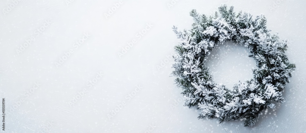 Poster snowy wreath close up on a white background with ample space for seasonal text and holiday messages 