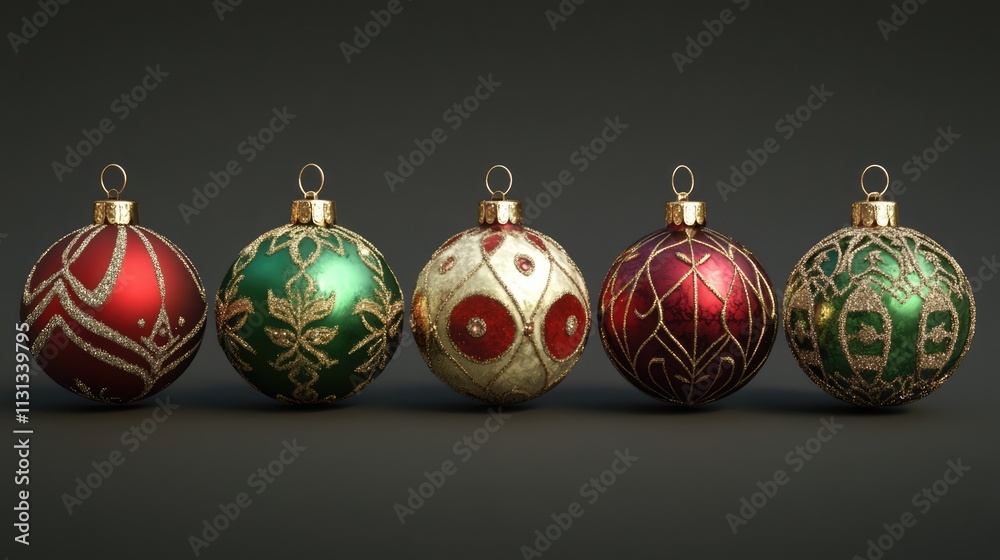 Aufkleber elegant assortment of decorative christmas tree ornaments in red and green with intricate designs on