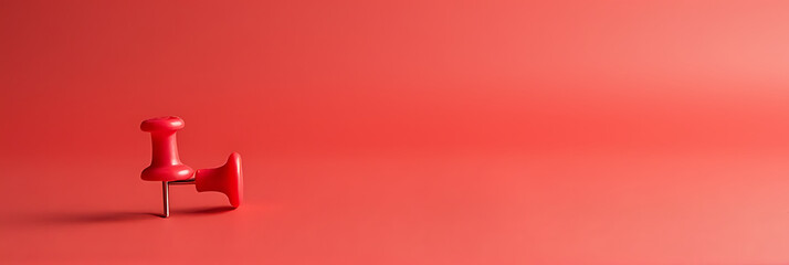 A group of a pin and thumbtack sit on a red desk with a large empty space for copying over them._00002_