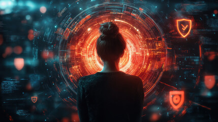 Obraz premium person inside a glowing bubble, surrounded by floating personal data and shield icons