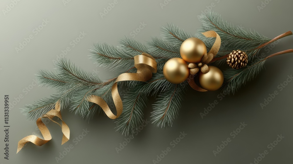 Aufkleber Elegantly arranged Christmas tree branch featuring golden ornaments and ribbons against a subtle green backdrop.