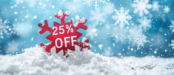 With blue and white snowflakes, the 3D text "25% OFF" is shown over a basic&nbsp;light&nbsp;setting lovely winter sale promotional banner festive shopping notion and space, Generative AI.