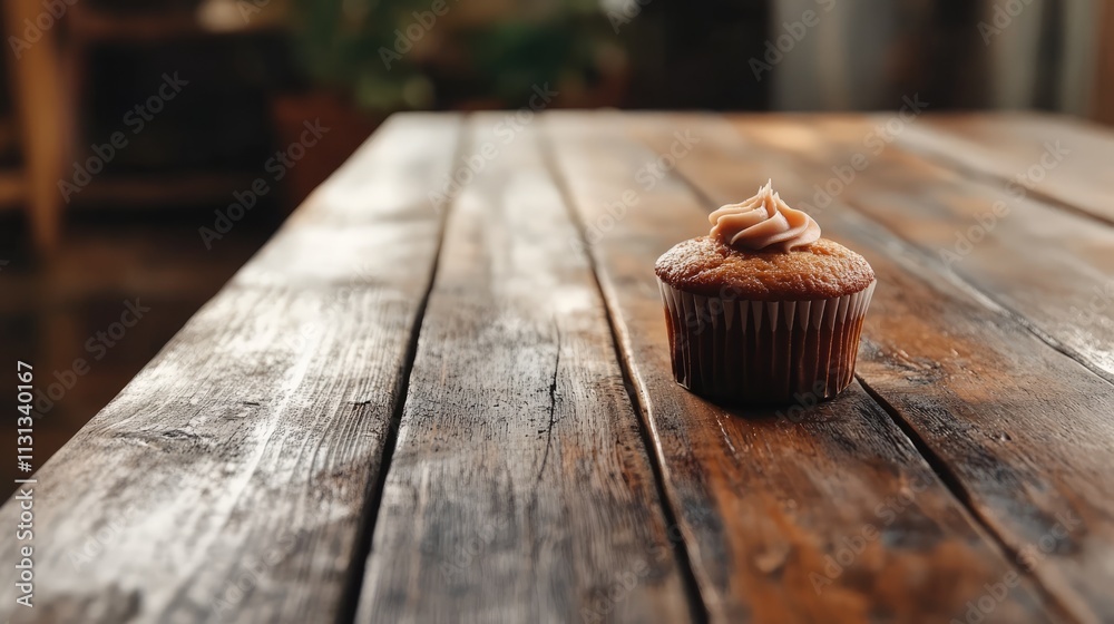 Aufkleber cupcake on rustic wooden table displaying baked goods in cozy setting with natural lighting and invi