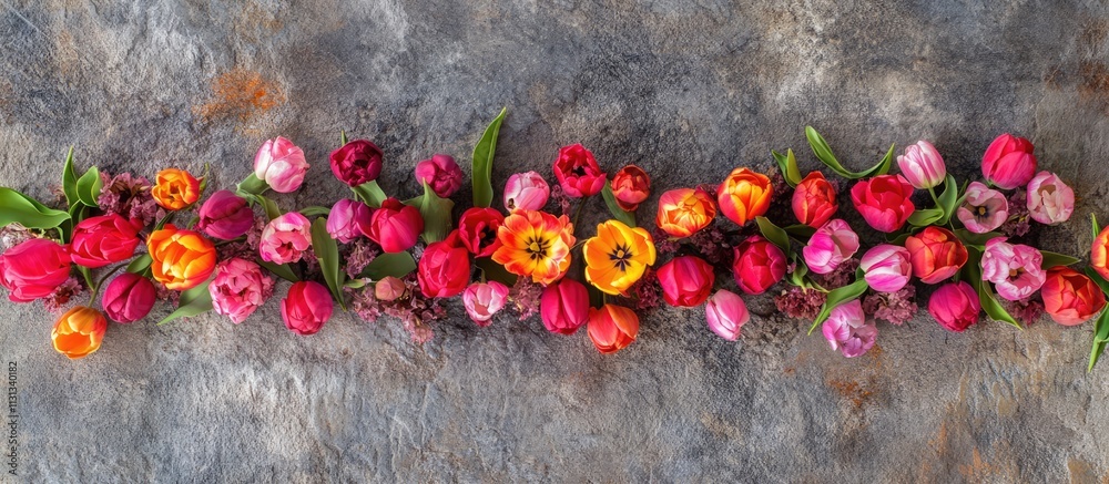 Poster Vibrant tulip flowers in a stunning arrangement on a textured stone background with ample copy space ideal for floral design concepts