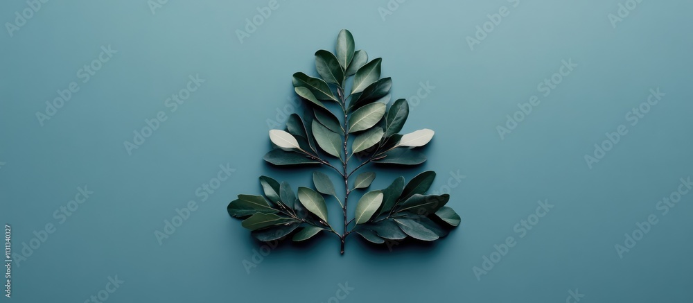 Poster christmas tree design made from leaves and branches minimalistic flat lay on teal background nature 
