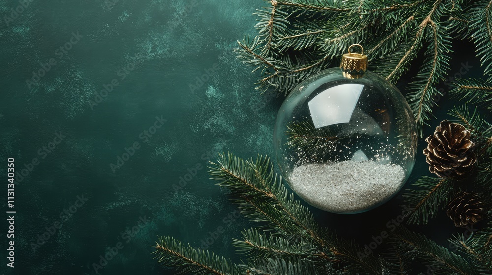 Poster Christmas tree branches adorned with an empty snowglobe and pinecones on a textured green background for festive decoration concepts